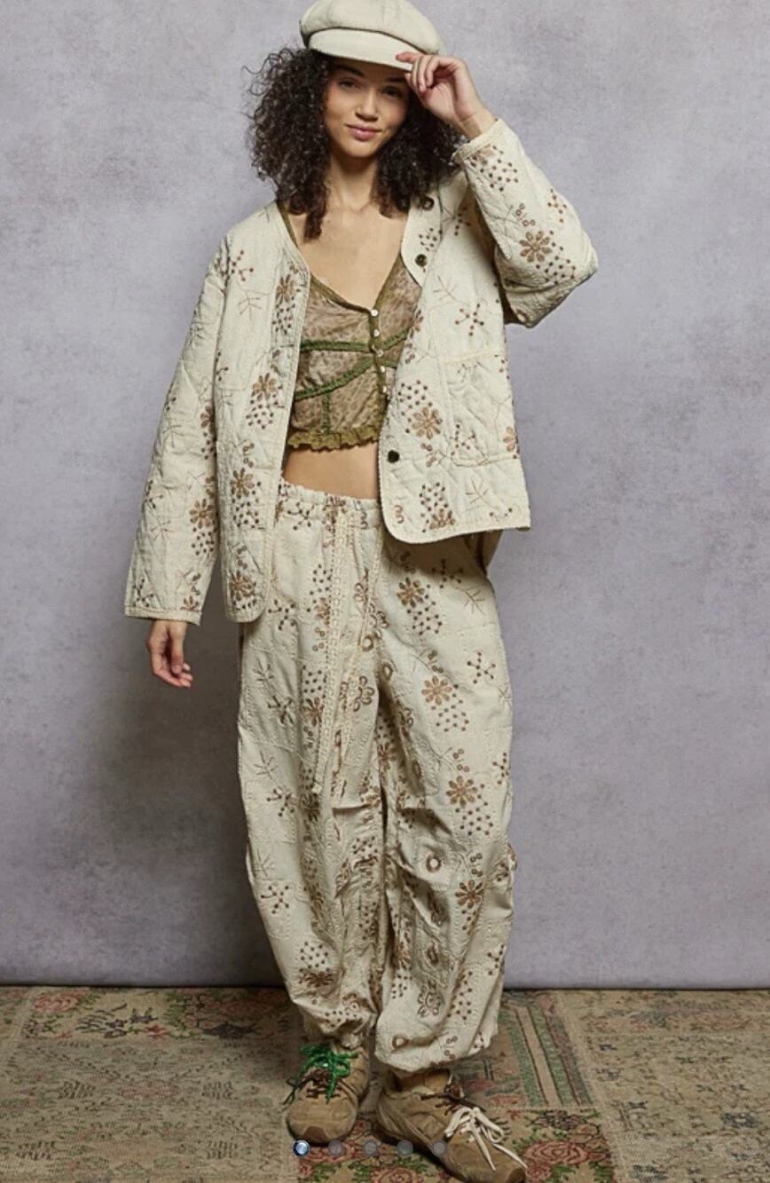 POL Clothing The Vintage Bloom Quilted Set Cream Floral Embroidered Medium NEW